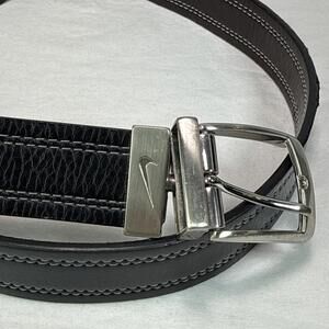 Nike Golf Men’s Belt Sz 38 Black Brown Reversible Pebbled Leather Stitch Stripes